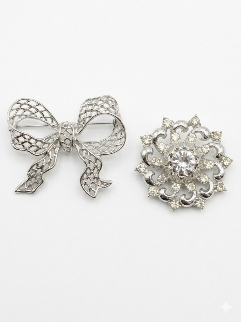 2 pieces Silver Bow and Crystal Drop Brooch - Elegant Women’s Jewelry